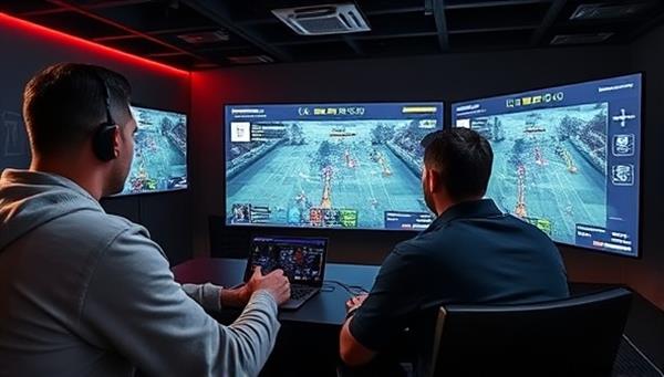 An immersive gaming environment with a coach guiding a player through strategic gameplay, analyzing moves on screen, and providing real-time feedback and tips for skill improvement, demonstrating the interactive coaching experience of SkillForge Gaming.