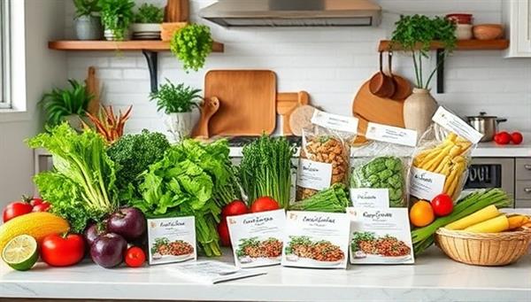 An inviting kitchen scene showcasing a vibrant array of fresh plant-based ingredients, recipe cards, and customized meal kits neatly arranged on a countertop, highlighting the convenience and variety offered by GreenEatsExpress for busy individuals embracing a plant-based lifestyle.