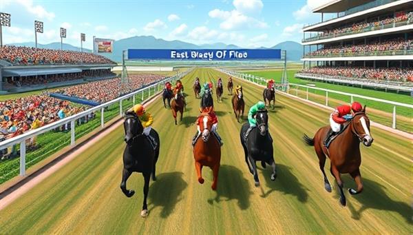 A vibrant virtual horse racing track with animated horses racing towards the finish line, surrounded by cheering digital spectators, jockeys, and colorful banners, capturing the excitement and competitiveness of virtual horse racing.