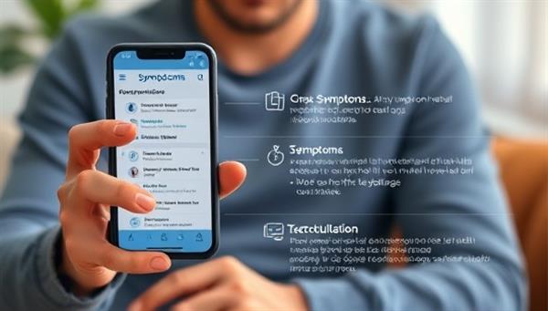 An individual using a smartphone to input symptoms into the SymptoScan AI app, receiving instant health recommendations, tracking symptoms over time, and scheduling a teleconsultation, illustrating the user-friendly and proactive health management capabilities of the service.