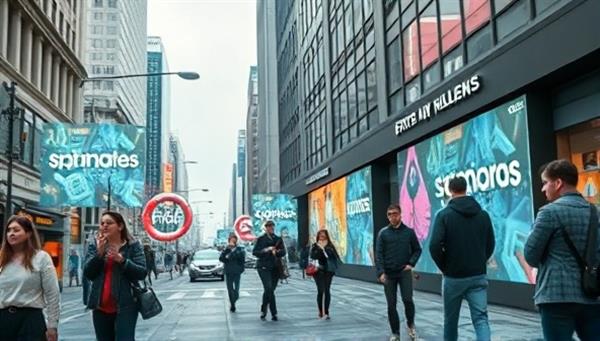 An urban street scene with people interacting with AR displays projecting 3D brand visuals and animations, creating a futuristic and engaging outdoor advertising experience.