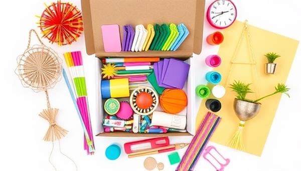 An assortment of colorful craft materials neatly arranged in a kit box, surrounded by completed DIY home decor items like wall art and plant hangers, illustrating the creative potential of the kits.