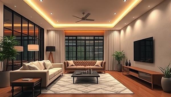 An elegant and modern living room setting with smart home devices seamlessly integrated, such as voice-controlled lights, a security camera, a smart thermostat, and a home entertainment system, creating a futuristic and comfortable ambiance.