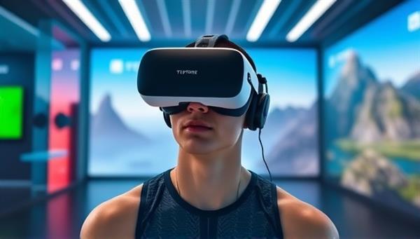 An individual wearing a VR headset, surrounded by digital workout environments such as a futuristic gym or scenic outdoor landscapes, showcasing the immersive experience of FitSphere VR.