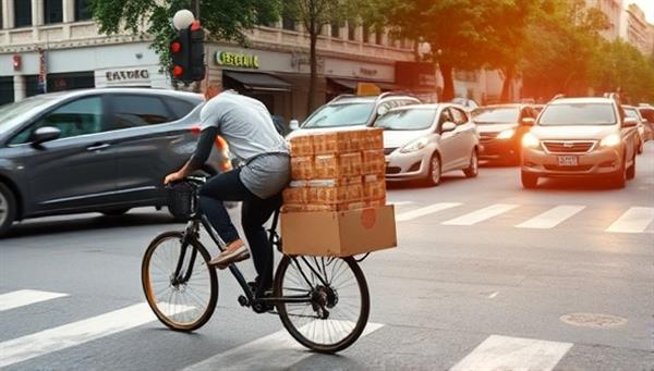 An urban streetscape featuring a cargo bike rider navigating through traffic with a pack of eco-friendly deliveries, showcasing the efficiency and environmental benefits of the sustainable delivery service in action.