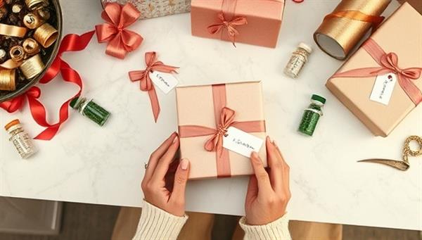 An elegant gift wrapping station with various ribbons, wrapping papers, and personalized gift tags neatly arranged on a chic desk, with hands elegantly wrapping a custom gift box, evoking a sense of luxury and personalization.