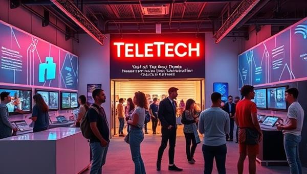 An engaging tech discovery center layout with interactive AR/VR stations, a diverse group of visitors exploring tech exhibits, a tech expert leading a workshop on new communication technologies, and a bright neon sign at the entrance welcoming guests to the TeleTech Oasis, creating an immersive and educational tech environment.