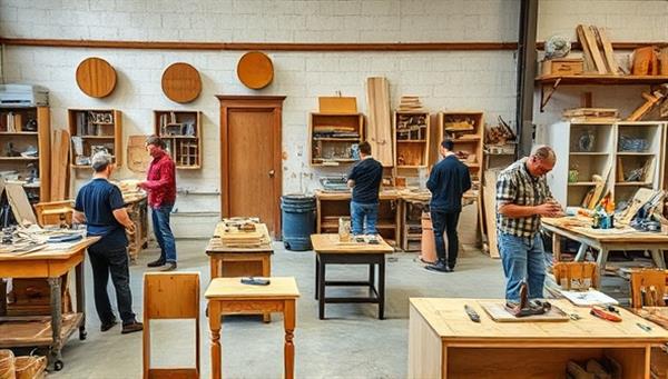 A workshop setting with participants creatively upcycling construction waste materials, using tools and equipment to craft unique furniture pieces and decor items, surrounded by inspirational examples of upcycled creations, showcasing the transformative potential of construction waste upcycling through hands-on workshops.