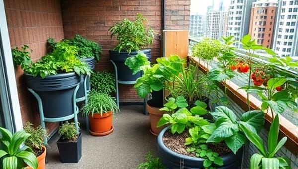 An urban balcony transformed into a lush micro-farm with compact hydroponic systems showcasing a variety of vibrant vegetables and herbs, creating a green oasis in the cityscape.