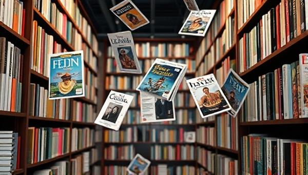 An artistic representation of a virtual library with digital magazine covers floating in the air, each cover displaying personalized content categories, showcasing the concept of personalized digital magazine subscriptions.