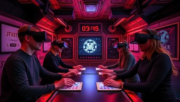 A thrilling virtual reality escape room scene with players wearing VR headsets, solving puzzles in a futuristic and mysterious virtual room setting, with digital countdown timers adding to the suspense.