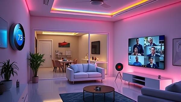 A futuristic home setting with interconnected devices, showing a smart thermostat adjusting temperature, smart lights changing colors, and a virtual meeting displayed on a screen, highlighting the convenience and efficiency of HomeConnect Pro.