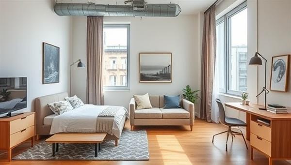 An urban apartment showcasing versatile modular furniture arrangements, with convertible pieces transforming the living space from a bedroom to a home office, highlighting the flexibility and functionality of the products.