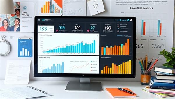 A digital marketing dashboard displaying real-time analytics and campaign performance metrics, surrounded by creative marketing collateral and strategy notes, illustrating a dynamic and data-centric approach to marketing strategy consulting in a virtual space.