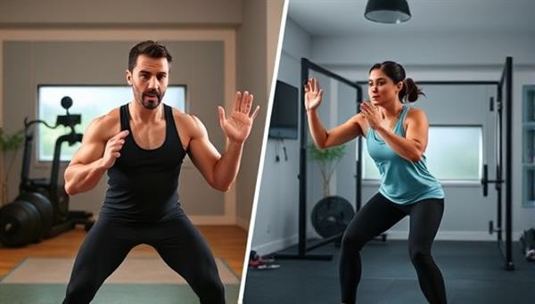 A split-screen image showing a virtual fitness coach leading an energetic workout session on one side and a client following along with enthusiasm in their home gym setup on the other side, inspiring motivation and active participation in the FitFusion Online community.