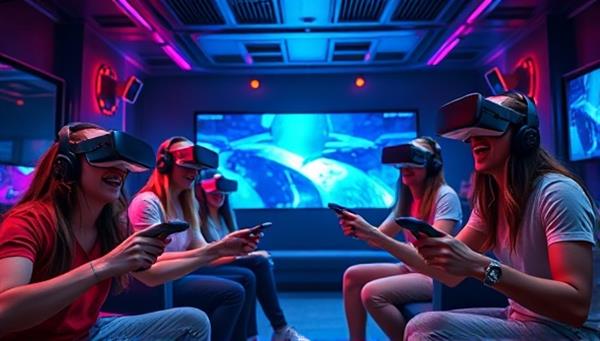A futuristic lounge setup with sleek VR headsets, motion controllers, and a group of excited gamers experiencing a virtual reality adventure together, capturing the essence of immersive gaming fun.