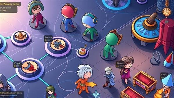 A dynamic visual representation of a virtual gaming world with interconnected social hubs, avatars interacting, gaming groups forming, and a bustling virtual marketplace, showcasing the diverse and engaging features of the gaming social network.