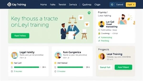 An engaging online training interface with animated legal icons, interactive quizzes, and progress trackers, illustrating a user-friendly and educational platform for legal compliance training.