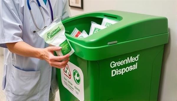A healthcare provider disposing of medical waste in a designated GreenMed Disposal bin, with recycling symbols and eco-friendly packaging displayed, illustrating the commitment to sustainable and environmentally responsible waste management practices.