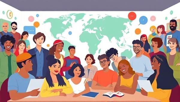 An immersive online language learning community hub, featuring diverse avatars engaging in language exchange sessions, virtual classes, and interactive cultural activities, creating a vibrant and inclusive language learning environment that promotes global connections and communication.