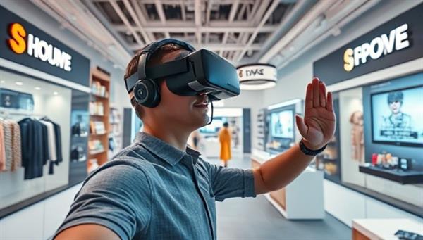 A captivating VR scene showcasing a user exploring a virtual brand showroom with interactive elements, lifelike graphics, and product demonstrations, creating a sense of presence and engagement in the VR BrandScape experience.