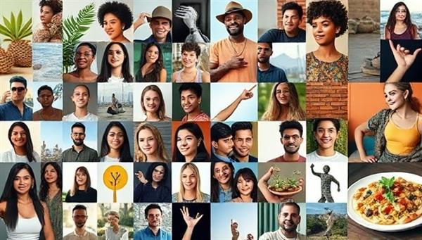 A mosaic of diverse niche influencers representing various interests like sustainable living, fitness, travel, and culinary arts, symbolizing the diverse and tailored influencer network of InfluenceHub Agency in niche markets.