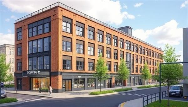 An architectural rendering illustrating the transformation of an old industrial building into a vibrant mixed-use space with shops, offices, and green spaces, showcasing the potential of adaptive reuse in revitalizing urban environments.