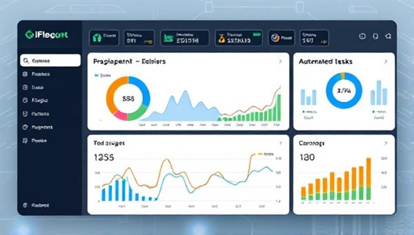 An innovative dashboard interface displaying property analytics and automated tasks, with AI algorithms optimizing rental operations in real-time, illustrating efficiency and modernity.