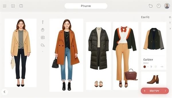 An AI-powered virtual stylist interface suggesting outfit combinations based on user preferences, with a seamless shopping feature integrated for easy purchase of recommended items.