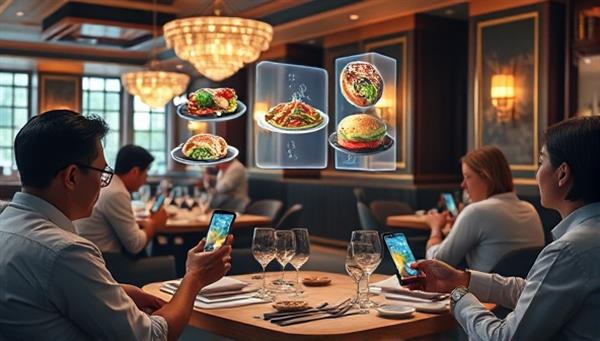 An elegant restaurant setting with diners using their smartphones to view AR menus, with holographic food images floating above the table and people interacting with the virtual menu items, illustrating a futuristic and engaging dining experience.