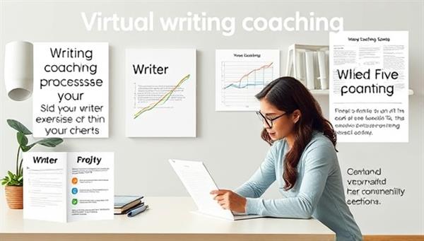 A motivational visual of a virtual writing coaching session with a supportive mentor guiding a writer through goal-setting exercises, progress tracking charts, and creative brainstorming sessions, capturing the essence of personalized accountability and growth in the coaching relationship.