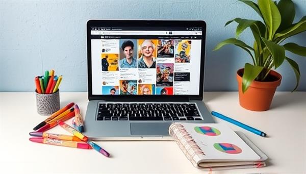 An artistic workspace with a laptop displaying vibrant social media posts, surrounded by colorful markers, a trendy planner, and a plant, creating a dynamic and creative atmosphere.