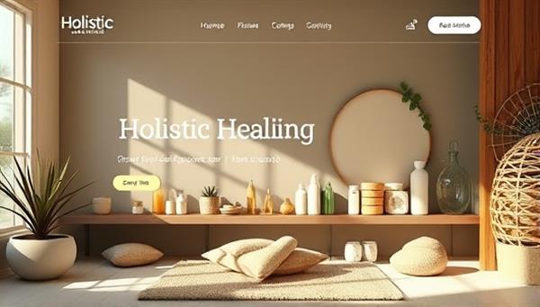 A serene virtual marketplace interface showcasing a variety of holistic healing services and wellness products, with soothing colors and nature-inspired elements, creating a harmonious and inviting online space for holistic well-being.