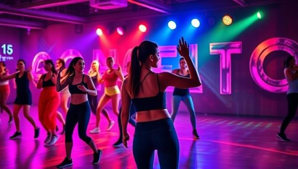 A dynamic dance fitness class in action, featuring participants grooving to the beat, colorful lights illuminating the studio, and an enthusiastic instructor leading the energetic workout session, capturing the essence of a vibrant and engaging fitness dance party experience.