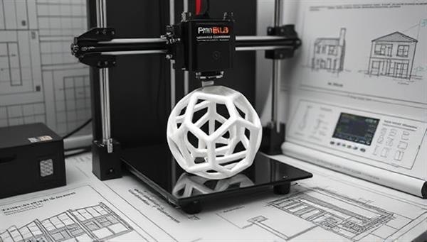 An image of a 3D printer in action creating a intricate and modern construction accessory, surrounded by architectural blueprints and design sketches, highlighting the cutting-edge technology and creativity behind PrintBuild Innovations.