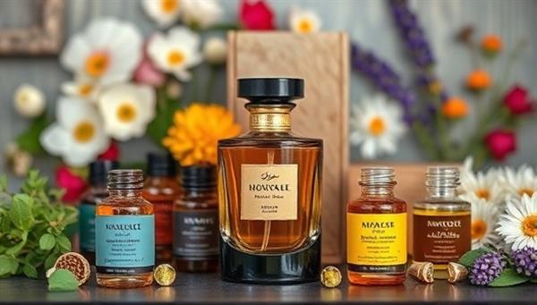 An elegant perfume bottle surrounded by colorful bottles of essential oils and fragrance notes, set against a backdrop of blooming flowers and aromatic herbs, evoking a sense of luxury and bespoke craftsmanship.