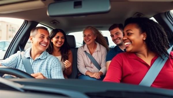 A vibrant and diverse group of people sharing a car, laughing and chatting as they commute together, showcasing the community-building aspect of RideShare Connect.