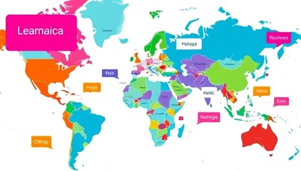 A vibrant digital map with speech bubbles in various languages connecting users worldwide, symbolizing cultural exchange and language learning in a virtual setting.