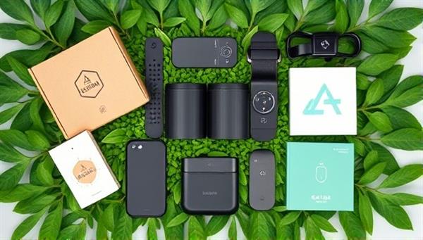 An artistic flat lay image of the EcoGizmo Box contents, featuring an array of sleek and sustainable tech gadgets arranged on a bed of green foliage, conveying the harmony between technology and nature in each subscription box.
