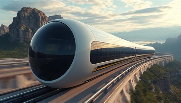 An artistic rendering of a sleek hyperloop capsule traveling through a scenic landscape, showcasing the futuristic and luxurious travel experience offered by HyperTour Adventures, with passengers enjoying immersive entertainment and breathtaking views.