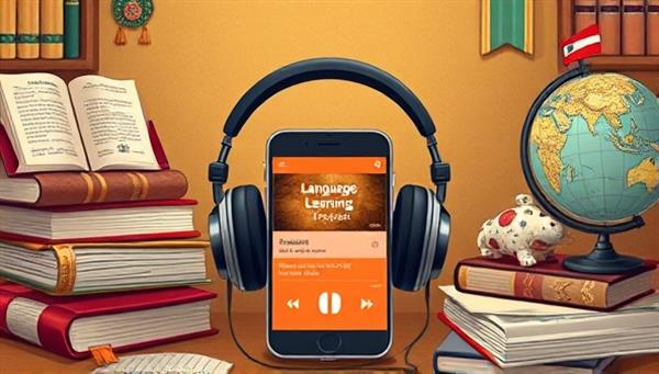 An illustration of headphones connected to a smartphone playing a language learning podcast episode, surrounded by language textbooks, globes, and cultural artifacts, symbolizing the immersive and educational experience of LingoListen in language acquisition and cultural exploration.