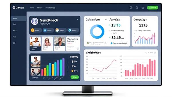A virtual influencer marketing dashboard displaying metrics and campaign results from various micro-influencer collaborations, with engaging visuals and performance graphs, highlighting the impact and effectiveness of working with NanoReach Agency.