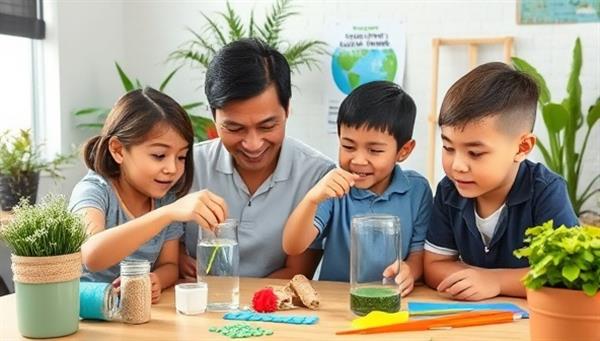A family setting with children engaged in a DIY science experiment using recycled materials, colorful eco-friendly craft supplies, plants in the background, and a poster on environmental conservation, fostering a hands-on learning experience and environmental consciousness through EcoSciCrafts kits.