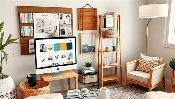 A virtual design studio setup with a computer displaying interior design software, a mood board with fabric swatches and furniture samples, and a cozy reading nook with design magazines, creating a professional and creative atmosphere for virtual consultations.