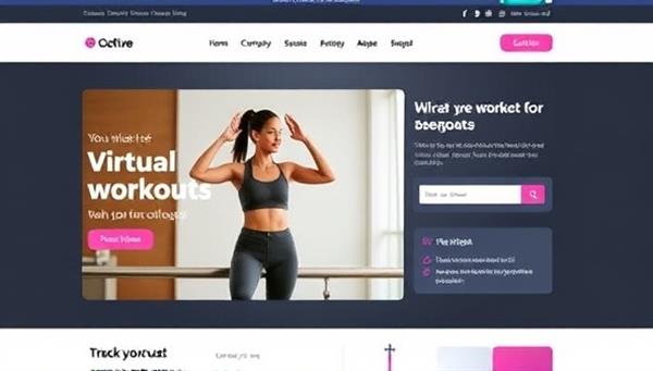 A sleek and modern website interface showcasing a virtual workout session led by a fitness coach, with interactive features for users to track their progress and engage in live fitness challenges.