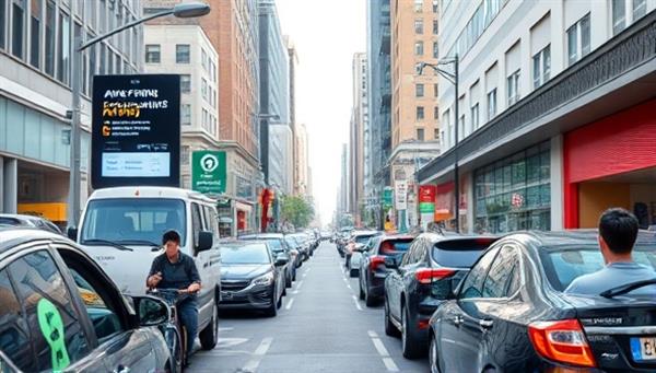 An urban streetscape bustling with activity, showcasing a digital display board indicating available parking spaces in real-time, with diverse drivers easily finding parking spots using a smartphone app, illustrating convenience and innovation in urban parking management.