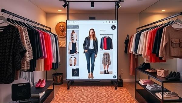 A sleek and modern virtual styling studio with racks of clothing, accessory displays, and a stylist curating outfits on a digital screen, creating a chic and trendy environment for personalized fashion consultations and style transformations.