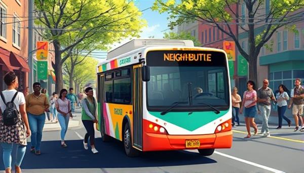 An artistic rendering of a colorful electric shuttle driving through a vibrant neighborhood street filled with diverse residents, showcasing the convenience and community impact of the NeighShuttle service.