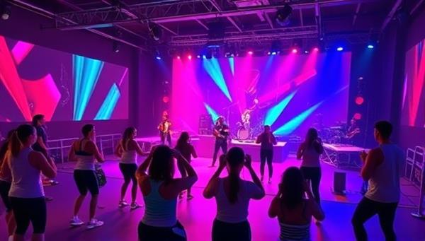 An energetic virtual fitness concert scene with colorful visuals, fitness trainers leading workouts, and musicians performing live in the background, creating a high-energy and motivating atmosphere for users to exercise and enjoy music simultaneously.