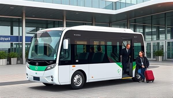 An electric shuttle bus parked outside a modern airport terminal, with passengers boarding and a driver assisting with luggage, showcasing a seamless and sustainable transportation experience.
